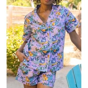 PrintFresh Meowing Mermaids Cat Pajama Set Shorts Small w/ Pockets Purple